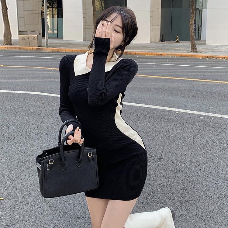 Korean Version of Fashion Contrasting Color Splicing Lapel Knitted Long-sleeved Dress Women's Autumn New Slim-fit Bottoming Hip-wrapped Short Skirt