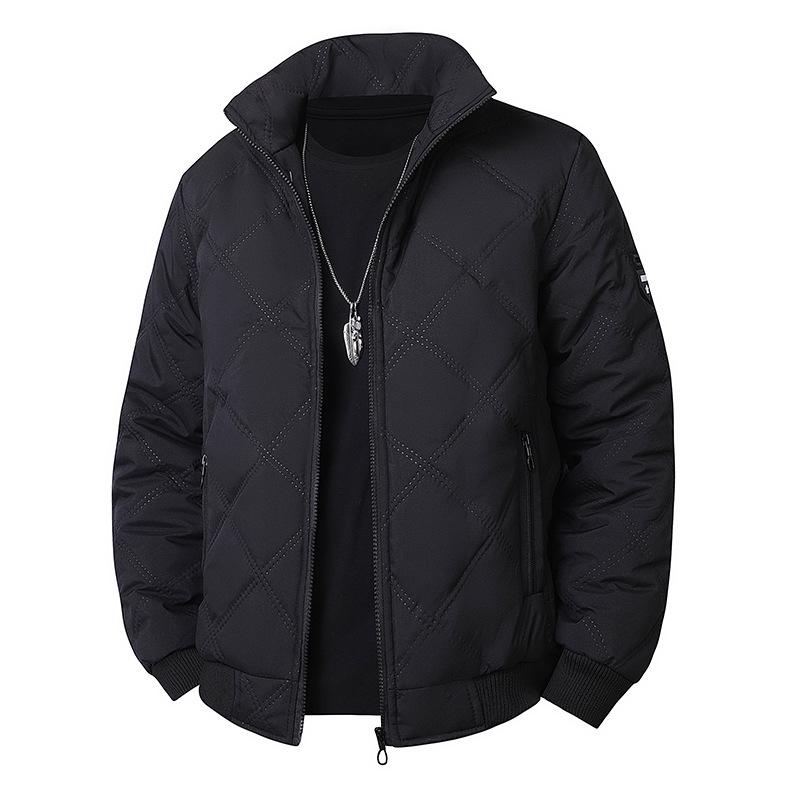 Men's 2025 Cross-border Diamond Plaid Stand Collar Jacket - Autumn/Winter Warm, Velvet-Lined Cotton Coat