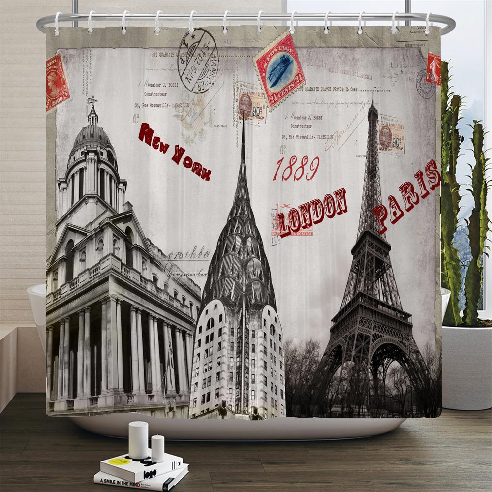 Retro Style 3d Print Shower Curtains Paris Tower Street View Telephone Booth Bath Curtain Waterproof Polyester Bathroom Curtain W90xH180cm