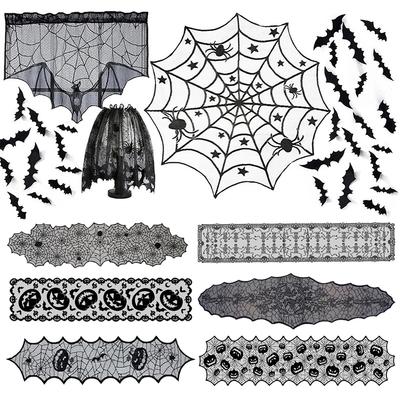 Spooky Halloween Table Runner Black Lace Spider Web Design Tablecloth Fireplace Scarf Haunted House Decor Party Decoration