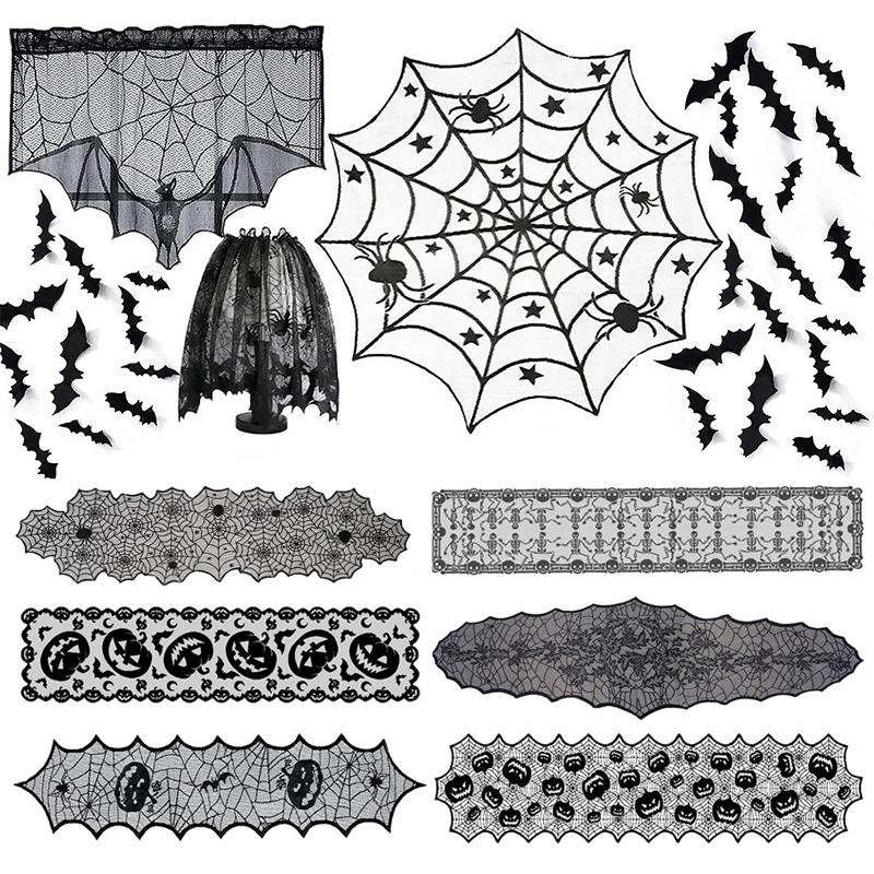Spooky Halloween Table Runner Black Lace Spider Web Design Tablecloth Fireplace Scarf Haunted House Decor Party Decoration