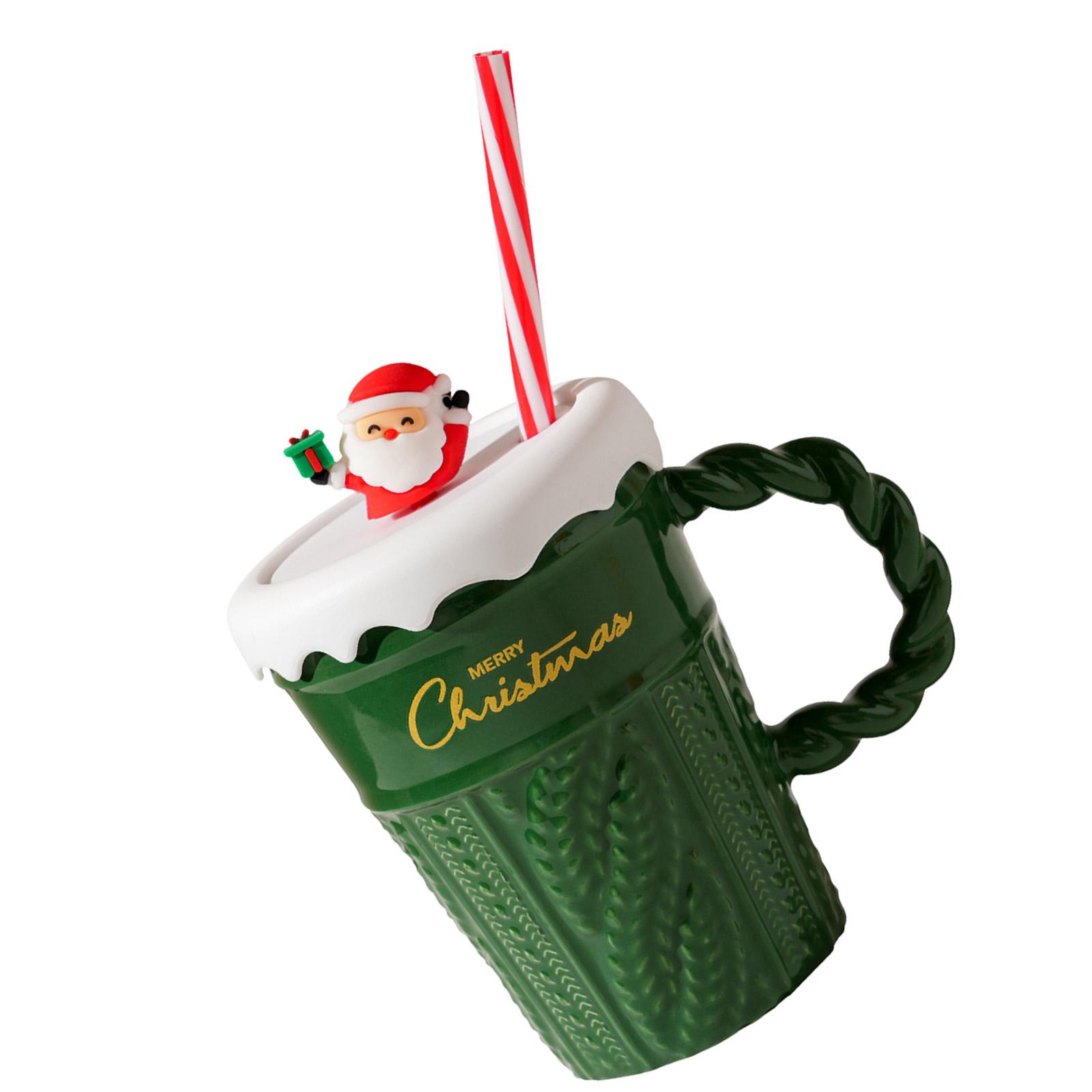 

Рождественская керамическая кофейная кружка с крышкой. Радостная рождественская керамическая кружка. Изящная чайная чашка для праздничного подарка и повседневного использования. зелёный