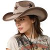 Western-style Tibetan Cowboy Hat for Men and Women, with Five-pointed Star Print, Faux Suede, Rivets, Wide Brim, Outdoor Riding Sun Protection Hat
