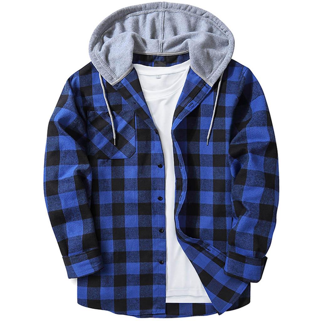 Plaid Pattern Men's Long Sleeve Hooded Shirt Jacket With Chest Pocket, Men's Casual Fall And Winter Coat