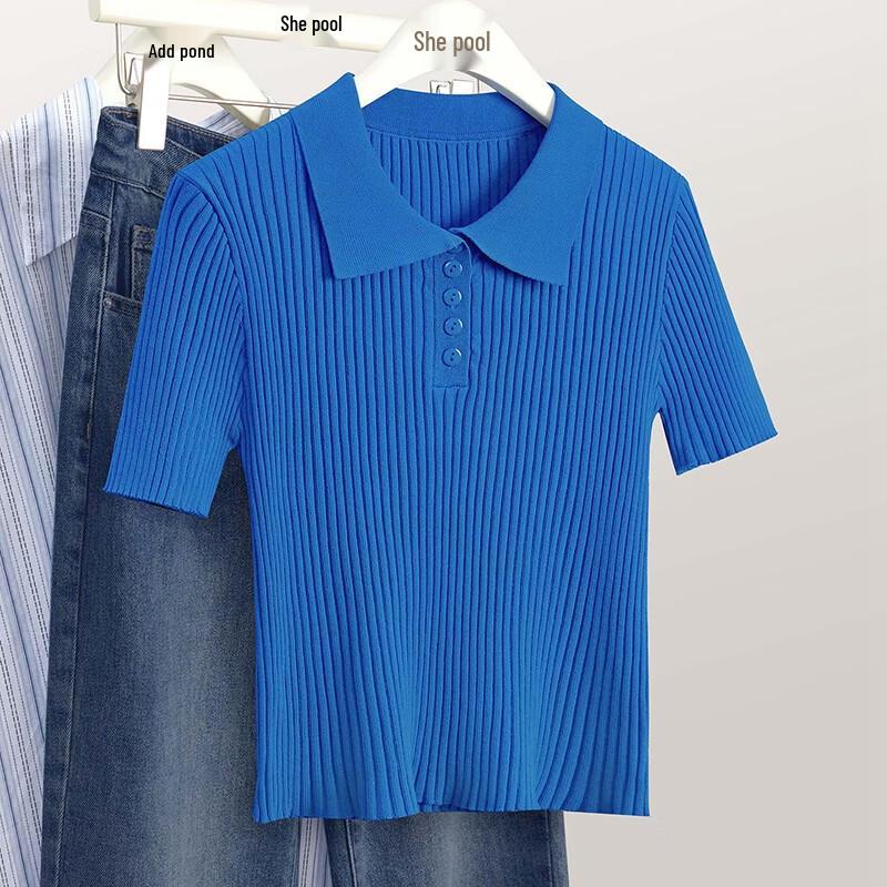 SheePool Women's Polo Collar Knitted Short Sleeve T-Shirt