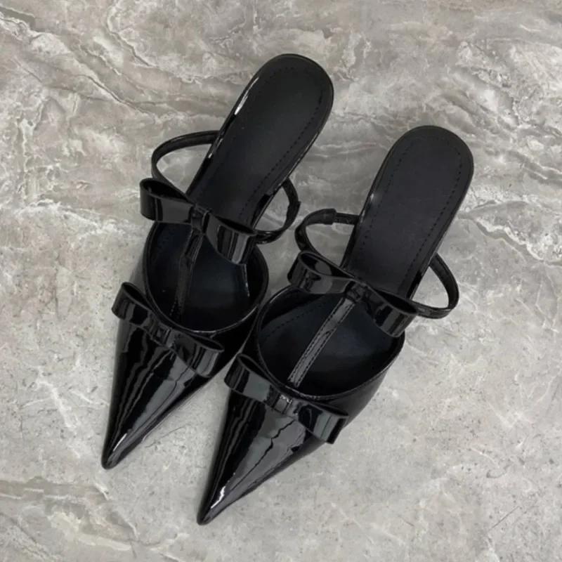 Fashion 2025 New Bow Baotou Half Slippers Women's Summer Wear Temperament Pointed Toe Stiletto High Heel Sandals