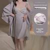 Satin V-neck Plus Chest Pad Sexy Halter Lace-up Temptation Suspender Nightdress Robe Home Set