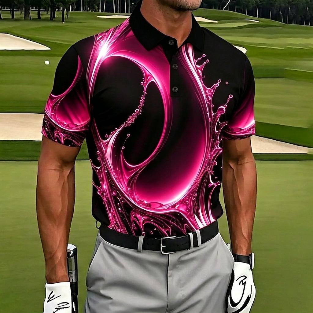 Golf Essential! Short-sleeve Polo with Striking Abstract Print, Perfect for Course Play.