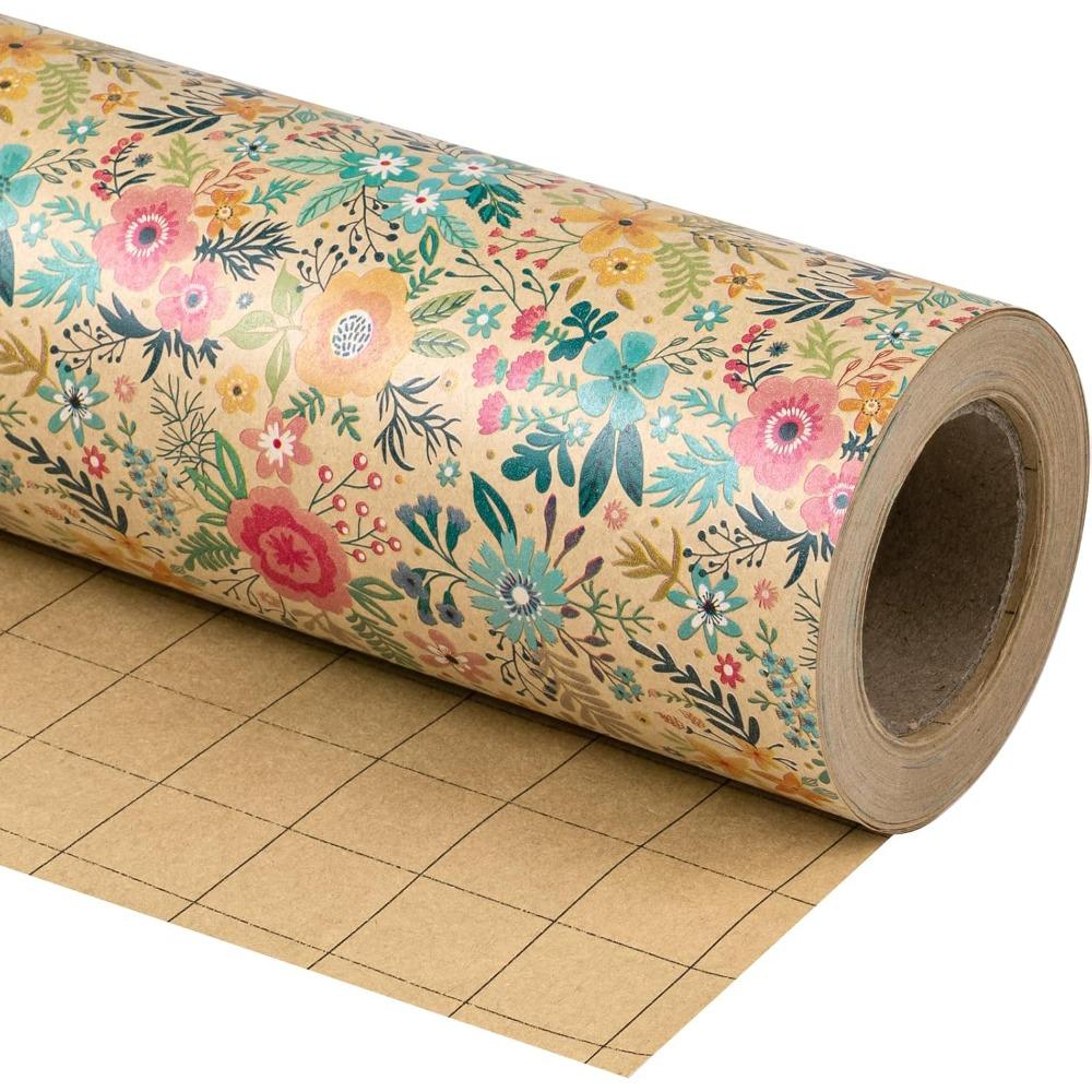 17"x9.8ft Kraft Floral Wrapping Paper Roll - Spring Summer Garden Design for Wedding, Birthday, Bridal Shower