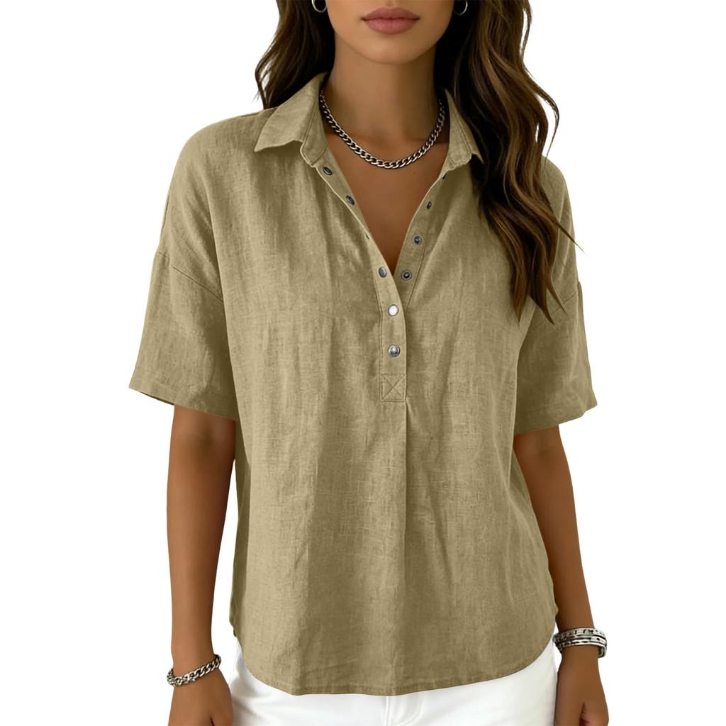 Women's Fashionable Loose-Fit Short-Sleeve Casual Shirt With Half-Zip