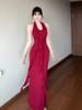 French summer temperament new celebrity red flower thin dress slim dress waist skirt women
