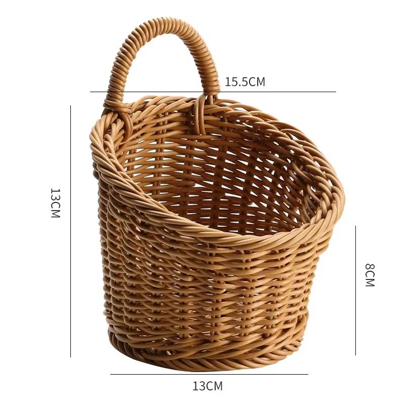 Imitation Rattan Kitchen Storage Basket Brown with Handle Hand-woven Hanging Baskets Sundries Organizer Vegetable Fruit Flower