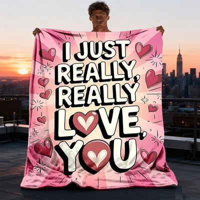 1pc Love You Heart Throw Blanket Polyester Fiber, Lightweight Flannel, Soft & Warm, All Season Use for Outdoor, Camping