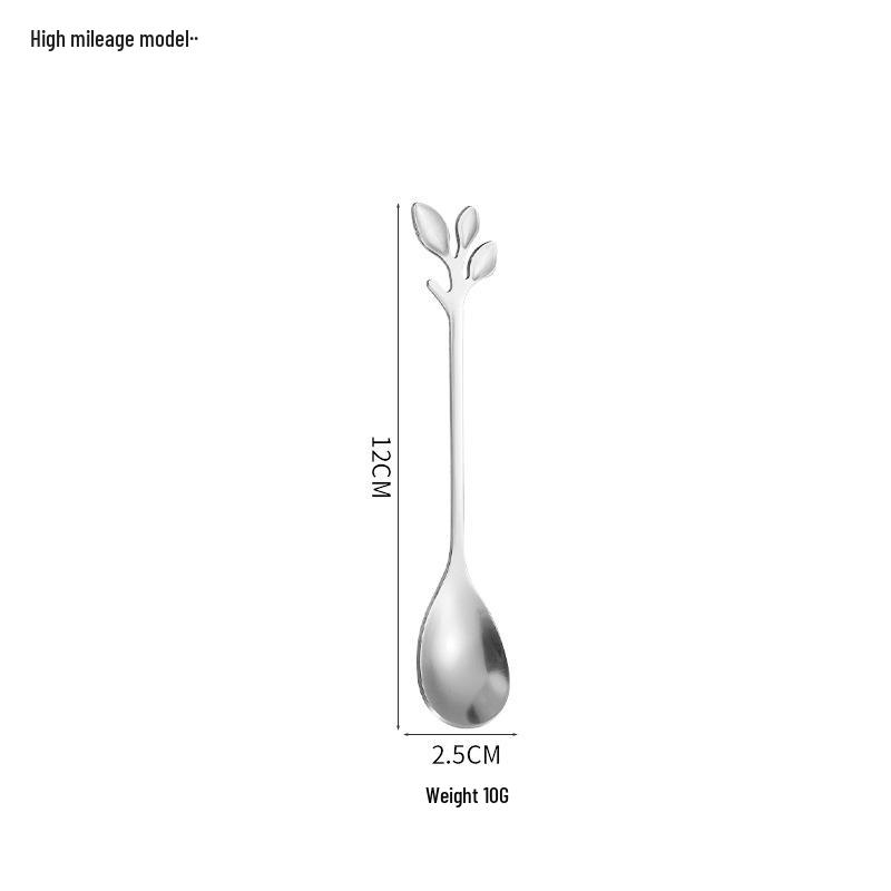 Gold Stainless Steel Leaf Spoon and Fork Set - Long Handle for Stirring, Desserts, and Coffee