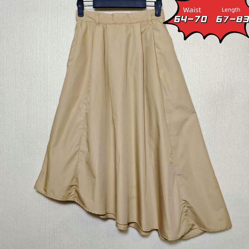 

Заказы внешней торговли, экспортированные в Японию, Хвостовые товары, Эластичная талия, Карман с льняной юбкой, Юбка миди А-силуэта, Конфетный цвет, Высокая, Весна Khaki cotton asymmetric skirt