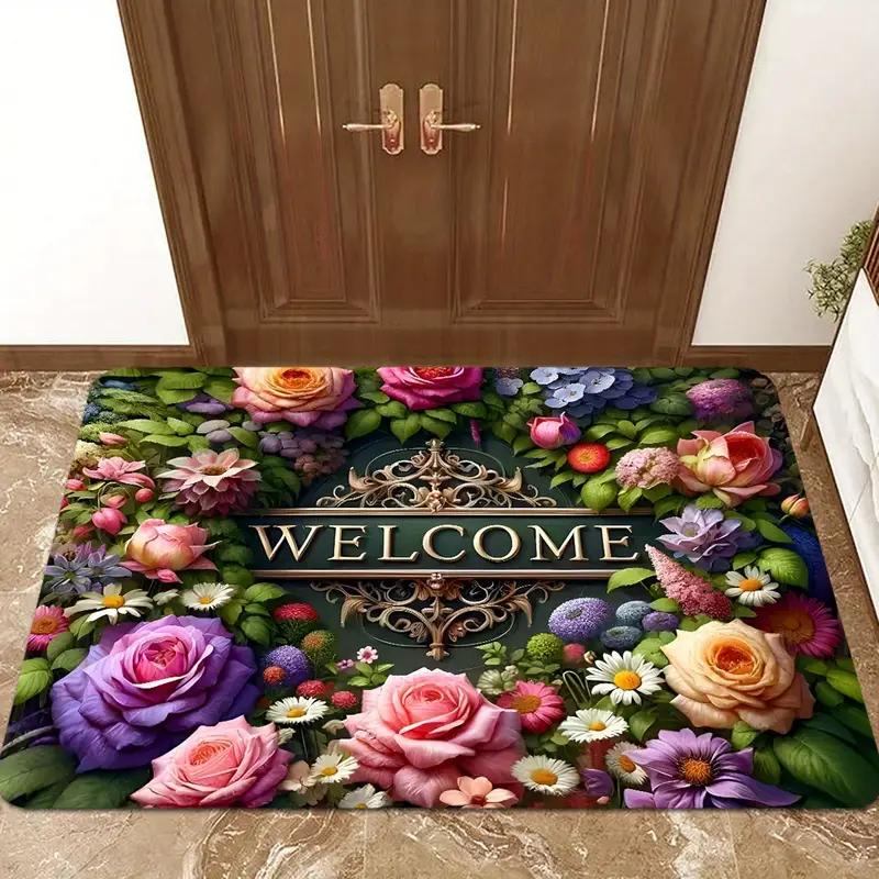 Welcome Floral Print Door Mat Non-Slip Floor Mat Washable Decorative Carpet For Home Kitchen Bathroom Front Door Entrance