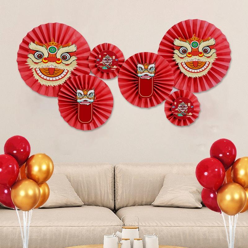 Chinese Lion Fan Home Decoration 2025 New Year Fan Flower Pendant Paper Craft Lion Background Wall Decor Housewarming Decoration