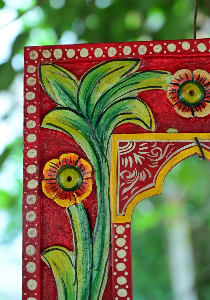 Hand Carved Wooden Jharokha Wall Decor: Bright Painted Flower Design Indian Frame