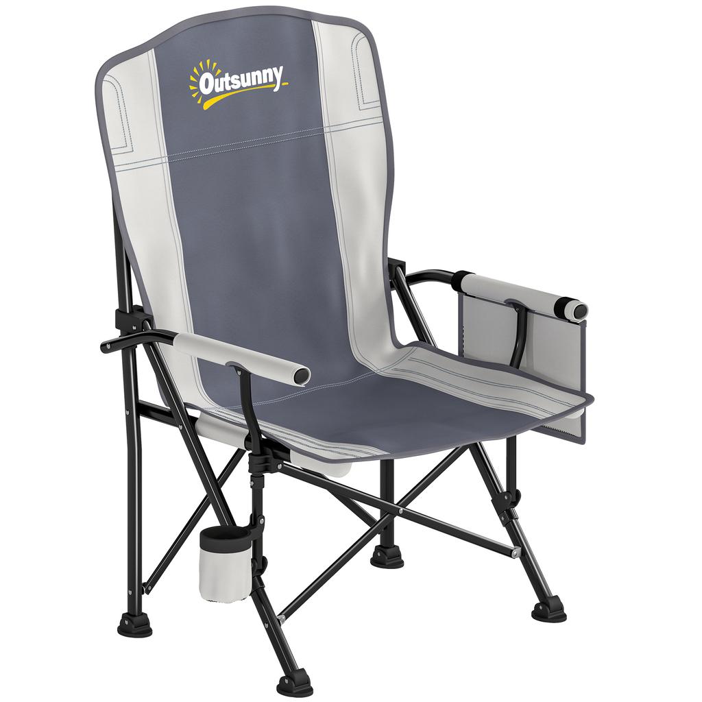 Padded Camping Chair Adults Heavy Duty Folding Chair Side Pocket Cup Holder Carry Bag Outdoor Light Grey