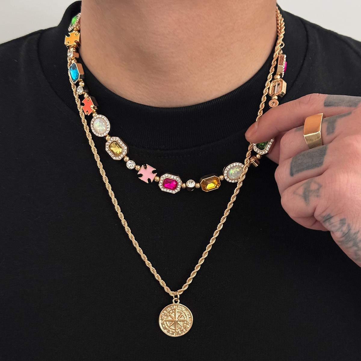 

Ingemark Hip-Hop Double Layered Colorful Acrylic Drill Necklace Men Retro Trendy Luxury Metal Pendant Neck Couple Party Jewelry