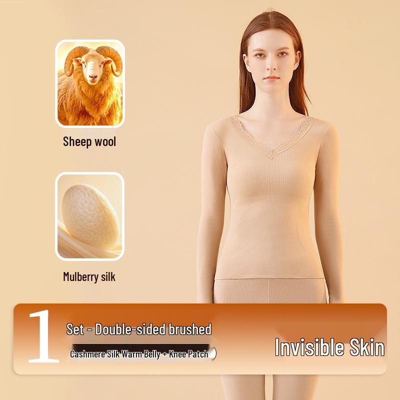Women's Lace V-neck Warm Lingerie Set: Seamless Slimming Antibacterial Base Layer for Autumn and Winter