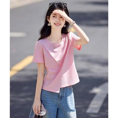 Women's Asymmetric Spliced Solid Color Short Sleeve T-Shirt
