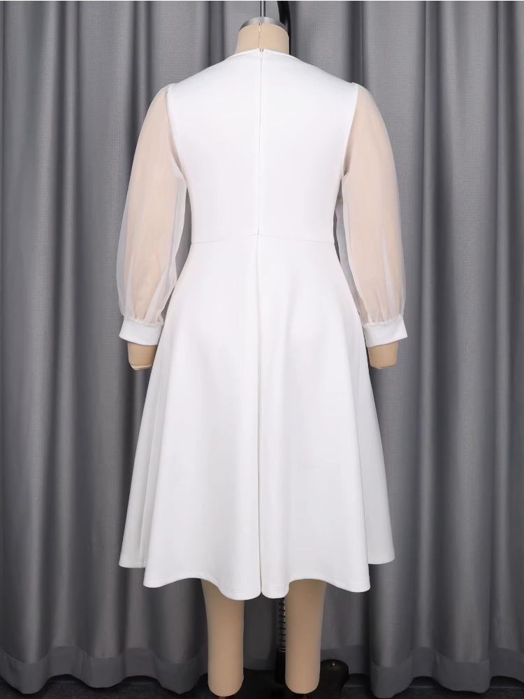 Elegantes Damen Weißes A-Linien Midi-Kleid 3D Blume Eckiger Ausschnitt Lange Transparente Ärmel Plissiert Stilvoll Abendparty Hochzeitsgast Kleid