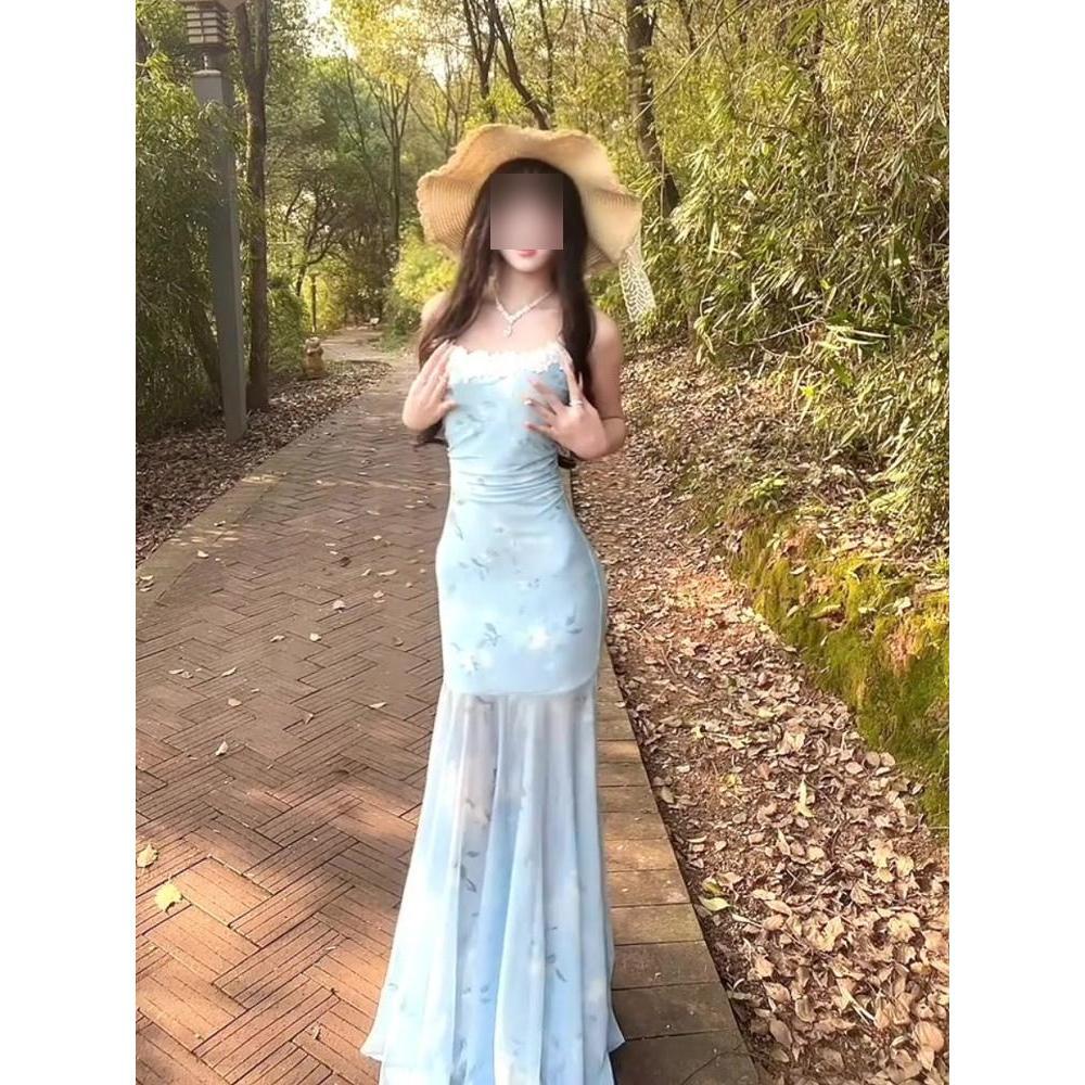 French Pure Desire Mesh Suspender Dress Female Spice Girl Lace Splicing High Waist Fishtail Medium and Long Skirt