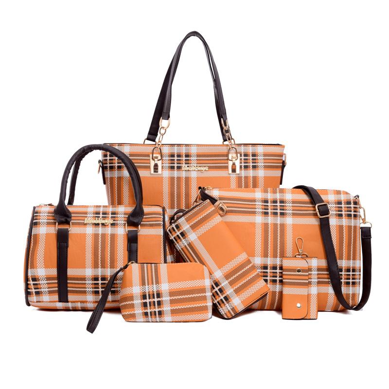 New Fashion Handbag Plaid Six-piece Set, Mother and Child Bag, Striped Shoulder Bag, Oblique Span Bag, Large-capacity Retro Women's Bag
