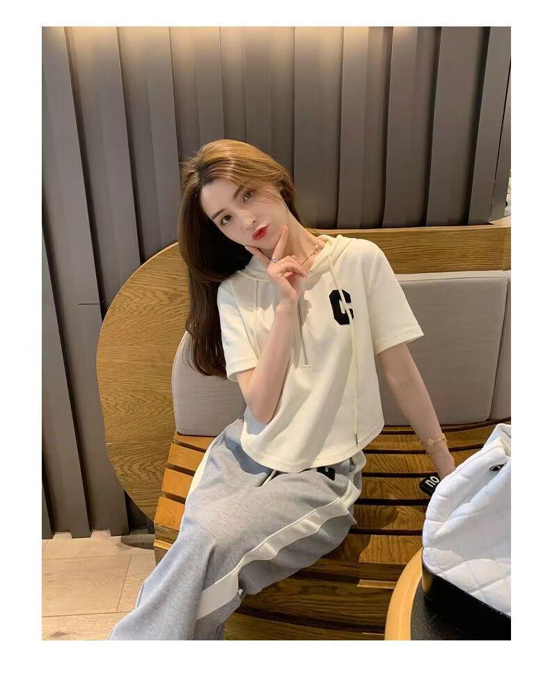 2025 Korean Style Women's Hooded T-Shirt & Wide-Leg Pants Set