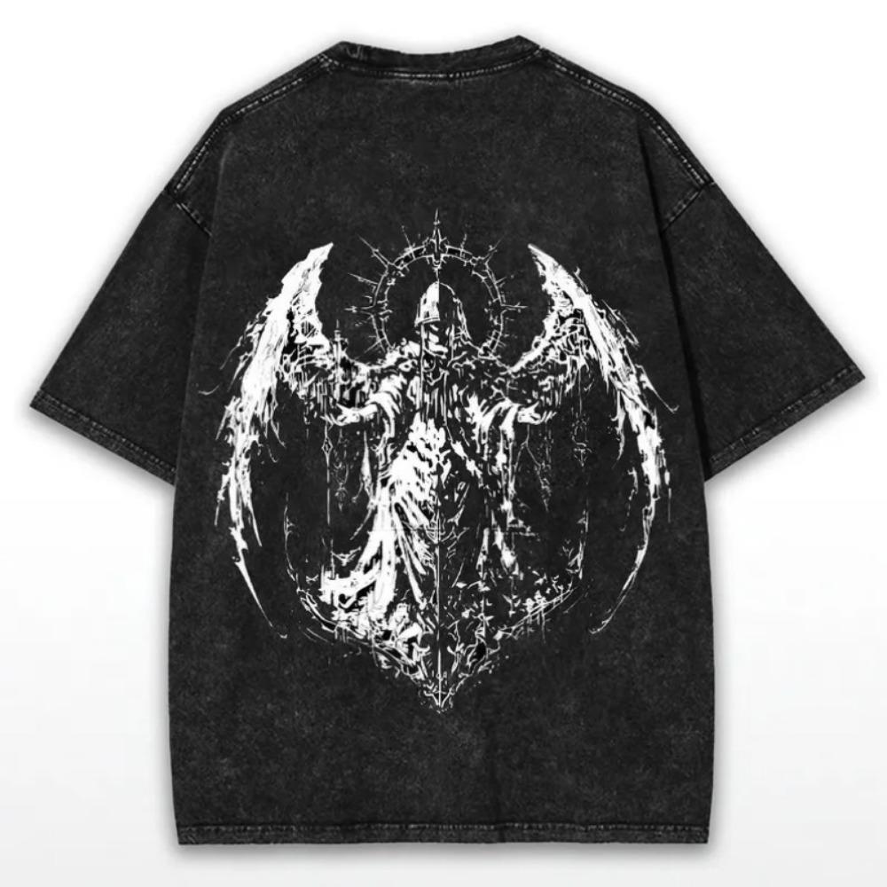 Retro Dark Angel Warrior T-Shirt Oversized Wings and Sword Print Gothic Streetwear Tee Short Sleeve Top