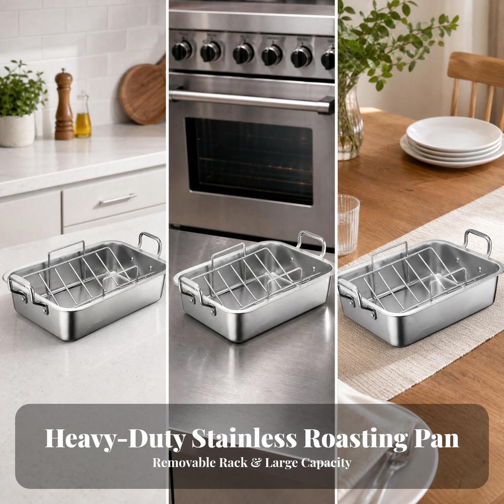 Roasting Pan with Rack Versatile Rectangular Roaster Premium for Kitchen, Bakers