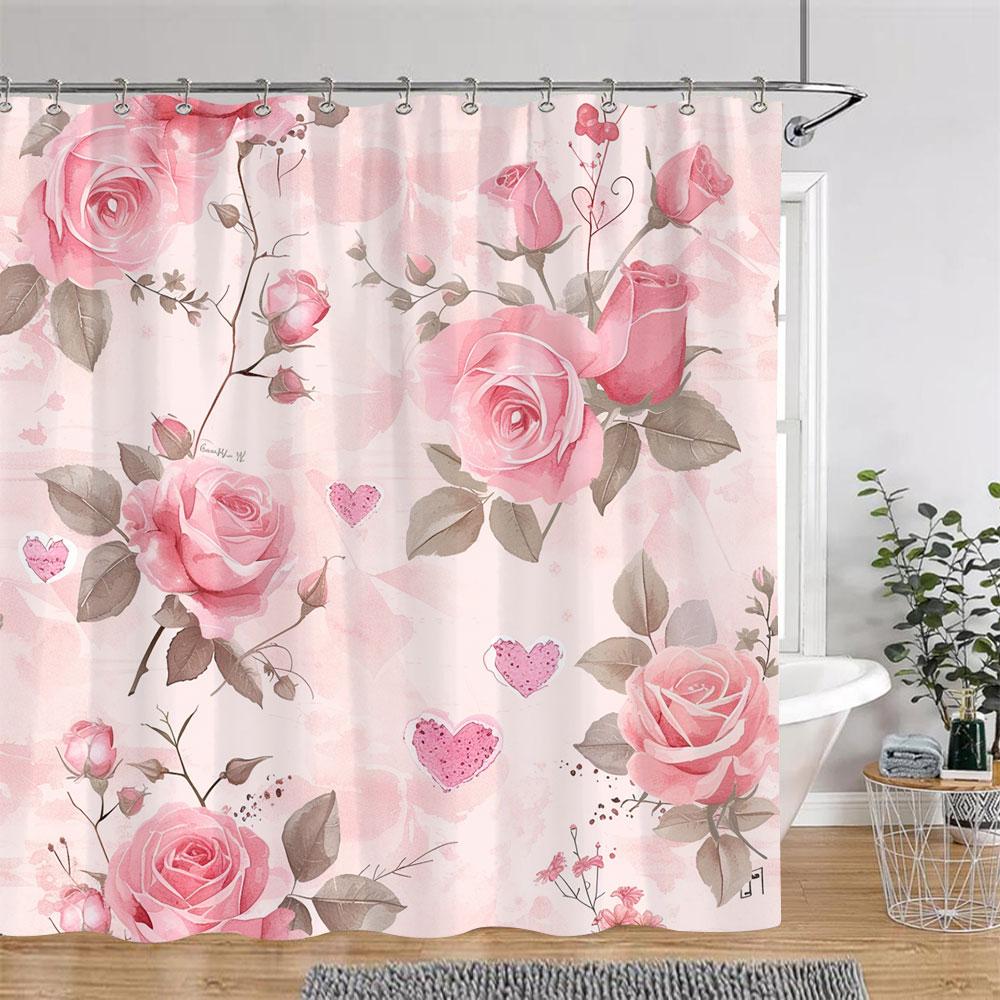 Pretty Roses Shower Curtain Mysterious Purple Flower Butterfly Valentine's Gift Polyester Bath Curtain Bathroom Decor with Hooks
