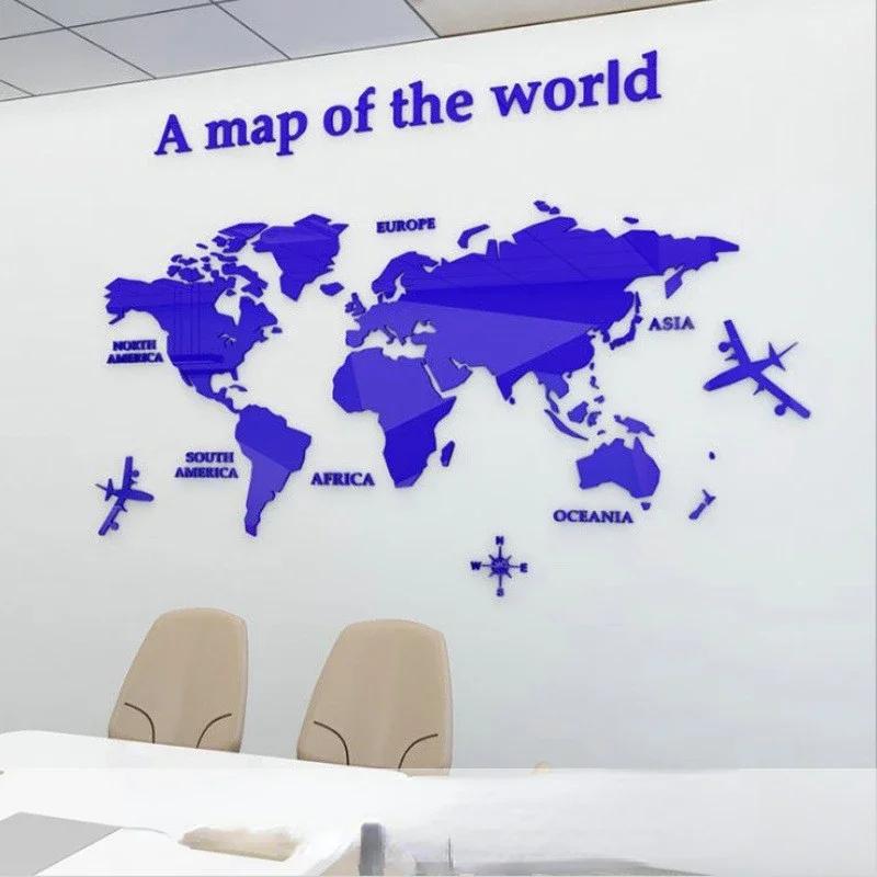 Fashion World Map Home Background Wall Stickers 3D Acrylic Three-dimensional Mirror Stickers Bedroom Office Wall Decor Stickers