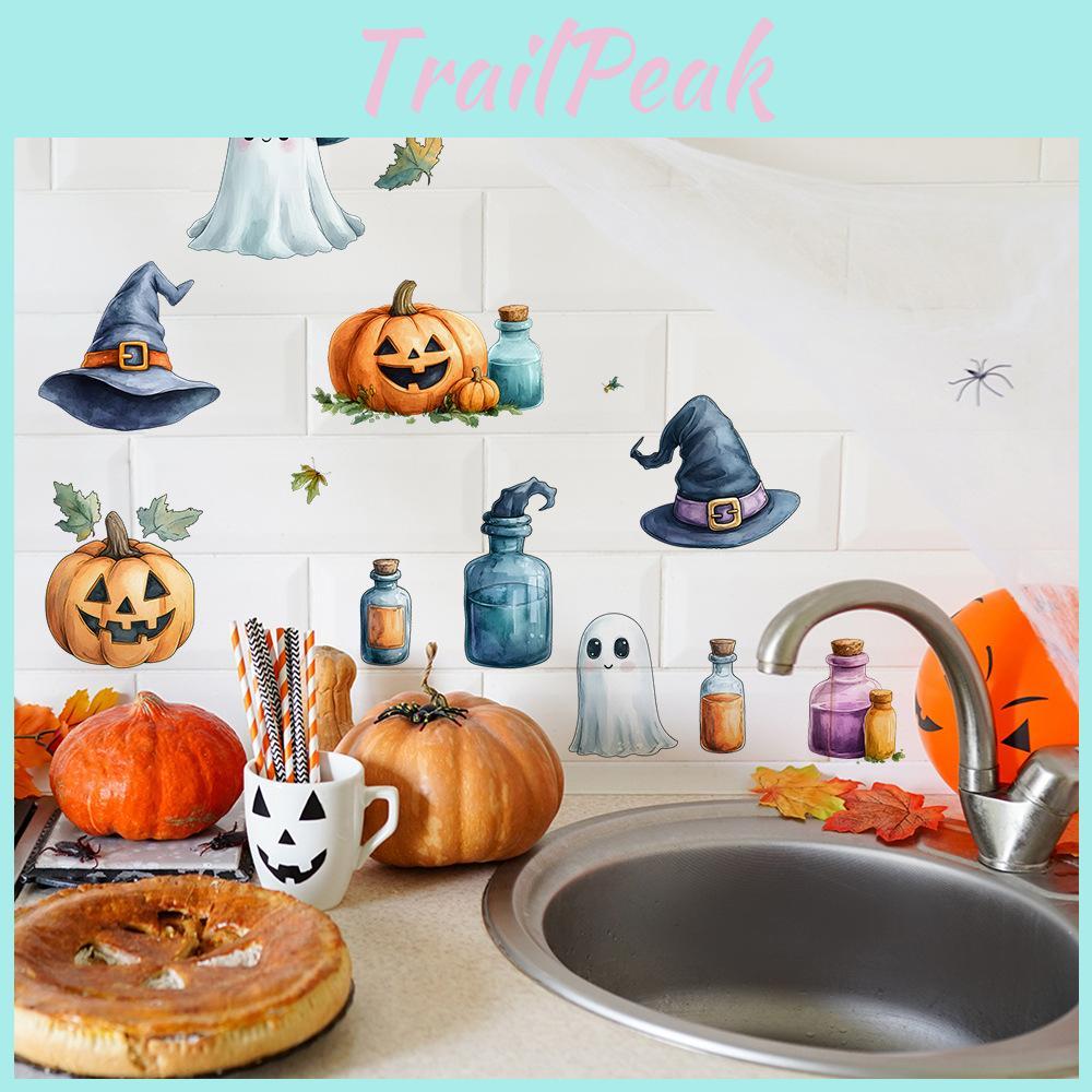 Halloween Pumpkin Cute Ghost And Witch Hat Living Room Home Decor Stickers Wall