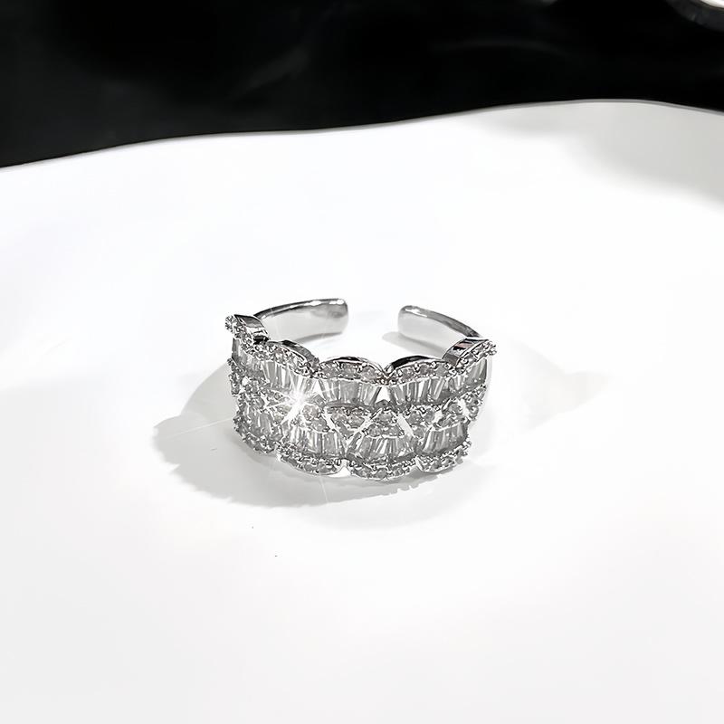 Premium Sense Row Diamond Petal Opening Ring Full Diamond Shiny Exquisite Zircon Light Luxury Personality Ring Woman