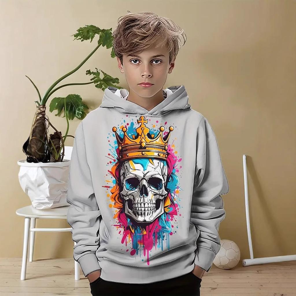 Autumn 3D Skull Printed Hoodies Fashionable Casual Sports Long Sleeved Children's Boy Hooded Sweatshirts
