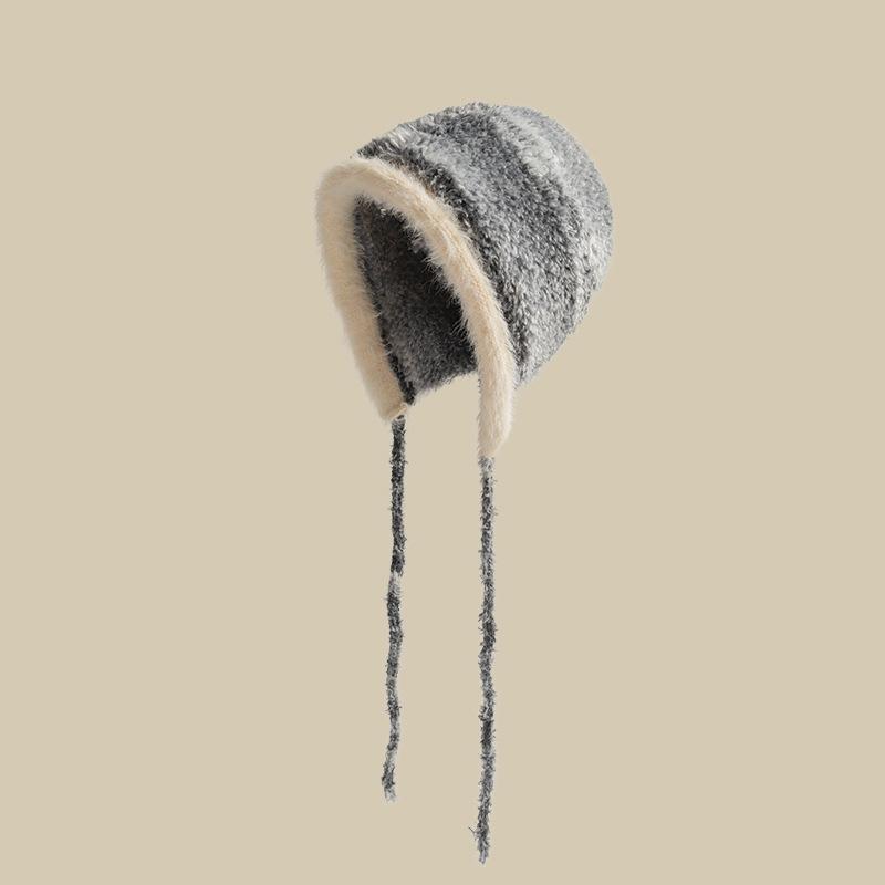 Winter Rabbit Hair New Rainbow Gradual Change Contrasting Color Ear Protector Wool Hat Women's Warm and Cold Plush Knitted Pullover Hat
