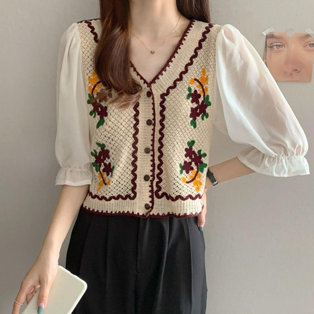 Flower Embroidery Chiffon Sleeve Shirts Button Front Short Top New Crochet Blouse  Women
