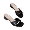 2025New Fashion Open Toe Solid Color Simple Leather Surface Versatile Candy Color Large Slippers Square Heel Shoes Women