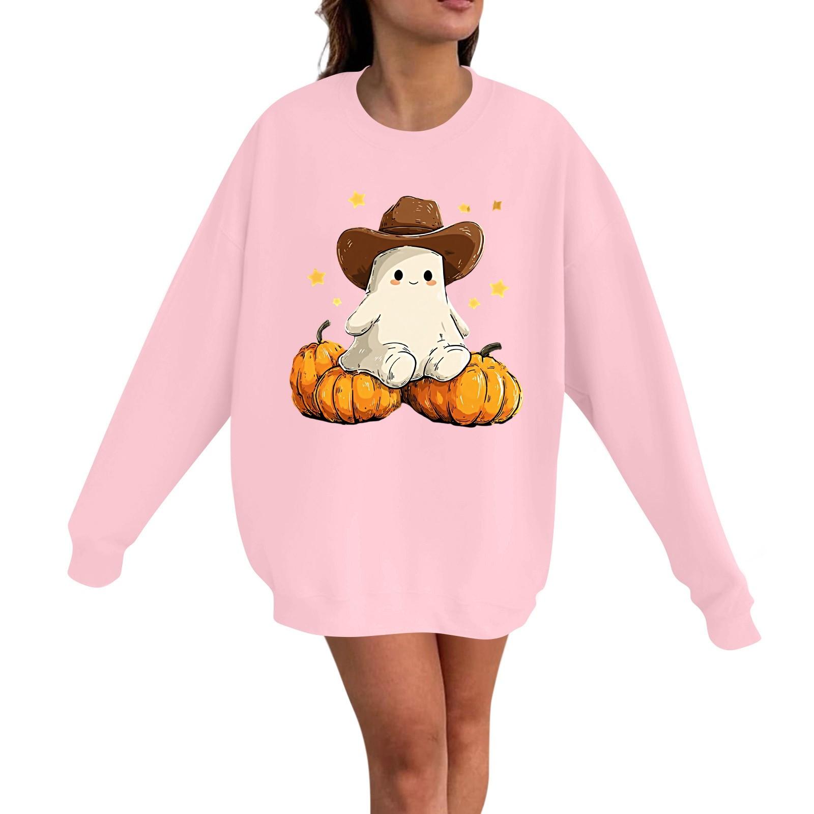 

Женский повседневный модный пуловер с длинным рукавом и принтом на Хэллоуин, с круглым вырезом XL розовый