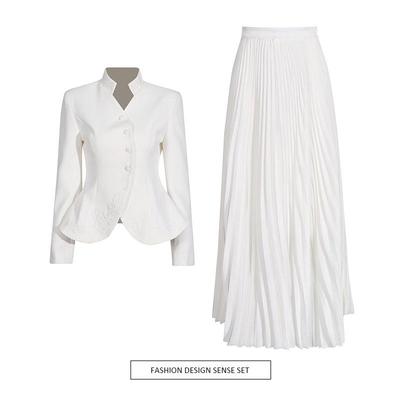 Elegant French Style Suit: 2025 3D Embroidered Jacket & High-Waist Pleated Skirt Two-Piece