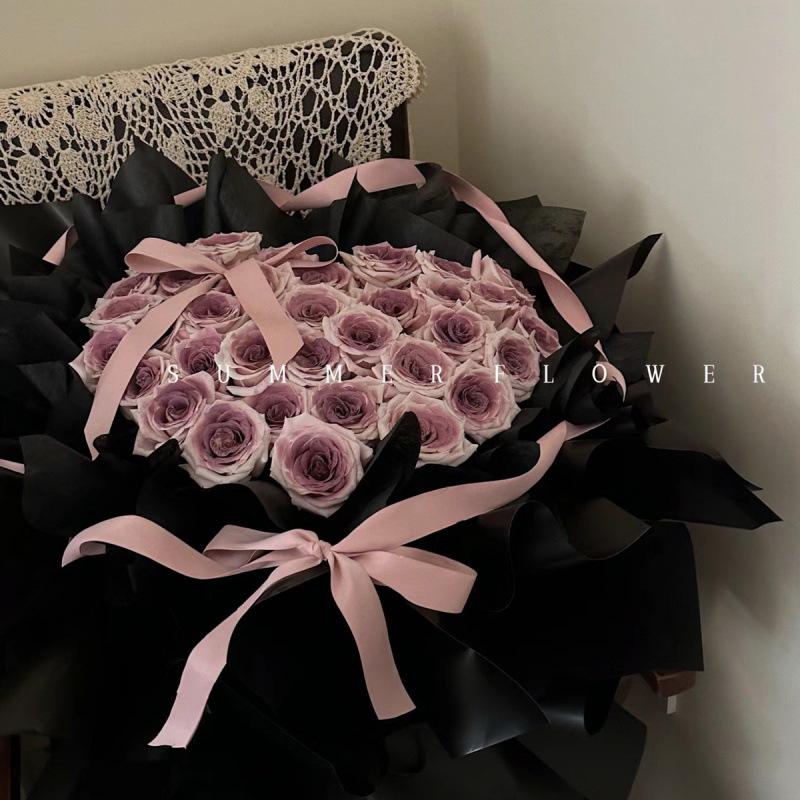 Smoked Plum Sauce Bouquet with Pink Ribbon - Qixi Valentine's Day Fresh Flower & Artful Gift Box Decoration.