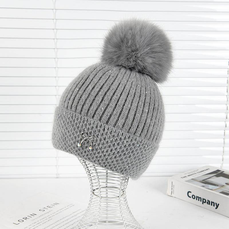 

Осенне-зимняя шапка-помпон для девочек, повседневная, бархатная, утолщенная, с защитой ушей, вязаная шапка, милая теплая шапка One size серый