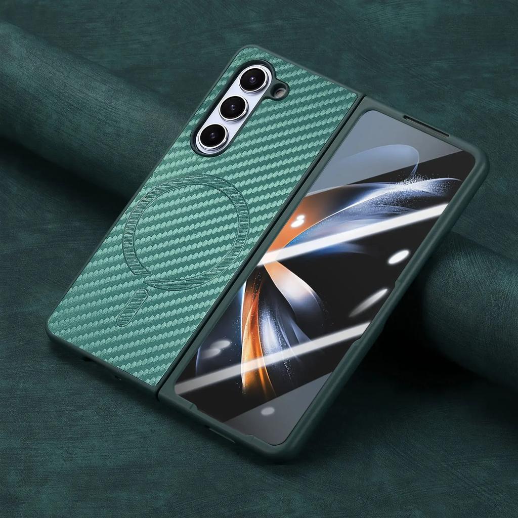 Magnetic Carbon Fiber Pattern Leather Case for Samsung Galaxy Z Fold 6 Fold5 4 Electroplated Frame Shell Film Integrated Cover