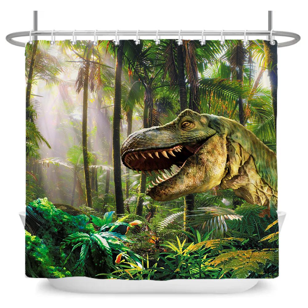Funny Dinosaur Shower Curtain Bathroom Dino Cool for Kids Boys Silhouette Animal Cartoon White Fabric Bath Curtain Home Decor