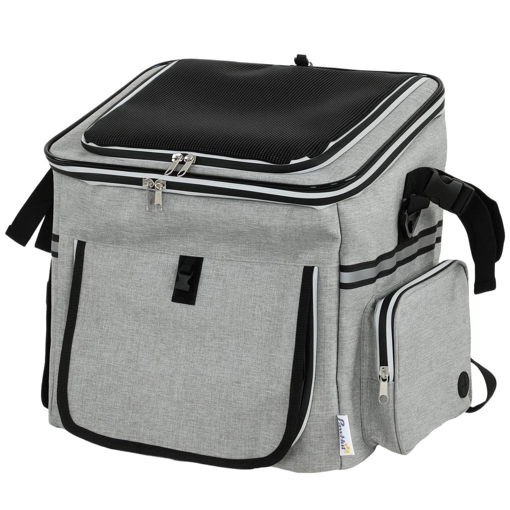 Dog Bike Basket, Soft-Sided Pet Carrier with Security Leash, Mesh Door & Window, Plush Cushion, Bowl, Light Grey