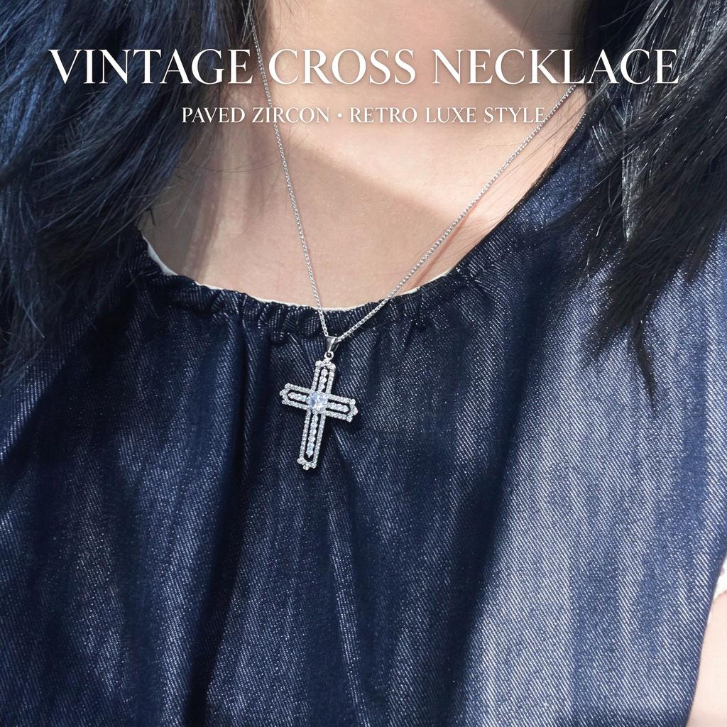 Vintage Blue White Double Cross Necklace, Paved Zircon Crucifix Pendant Chain, Retro Luxe Faith Choker for Women