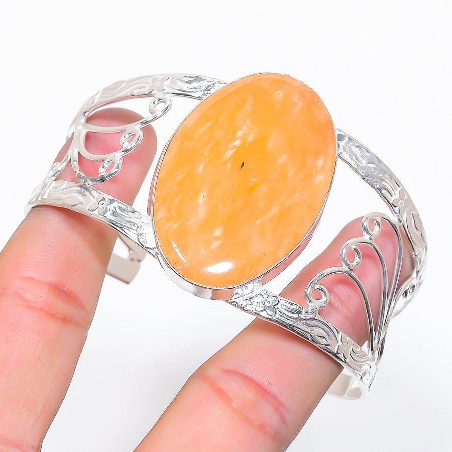 Natural Orange Aventurine Gemstone 925 Sterling Silver Cuff Bangle Adj J9a92