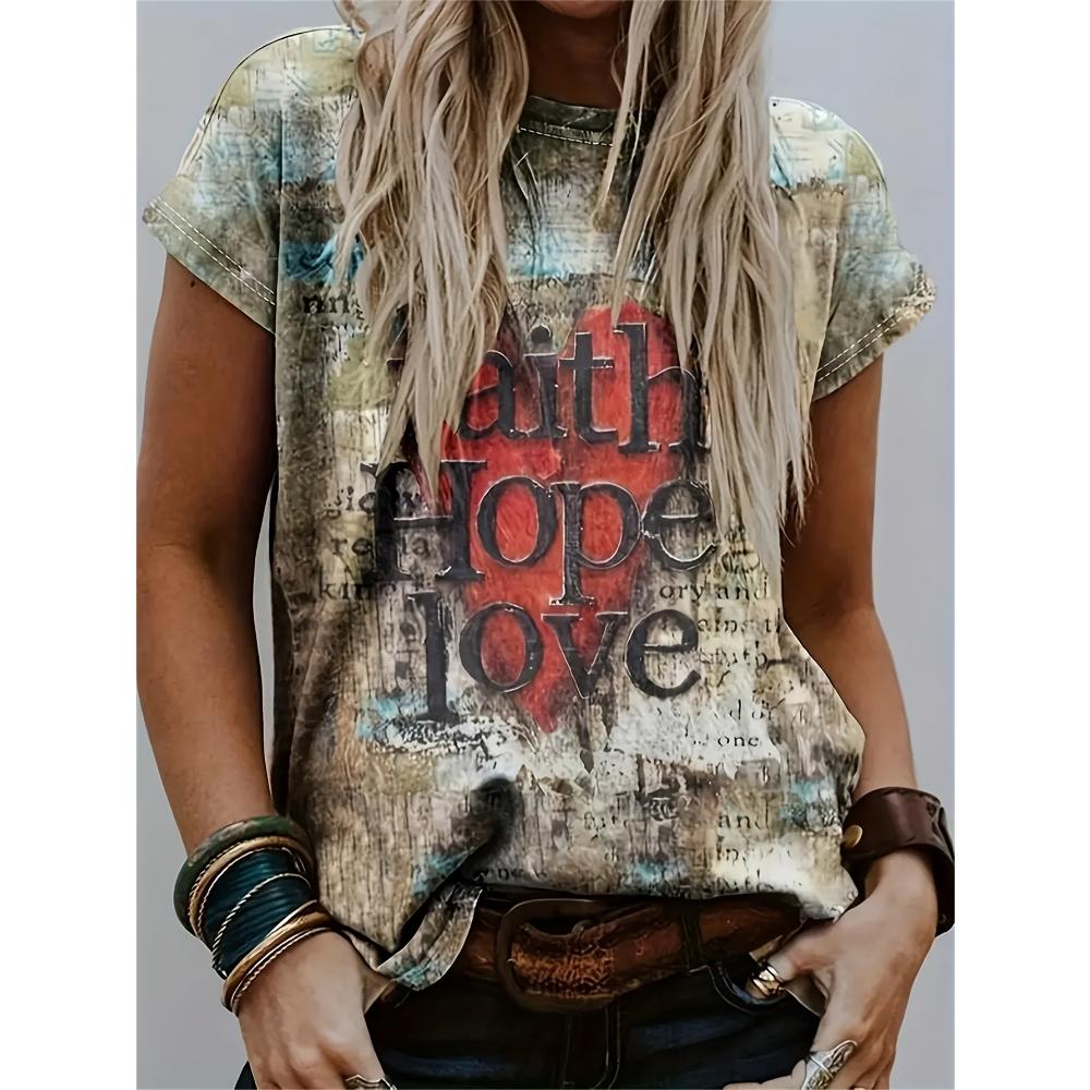 

Vintage Print Women s Tee - Faith Hope Love & Heart Graphic, Rustic Inspirational Design for Casual Daily Wear M